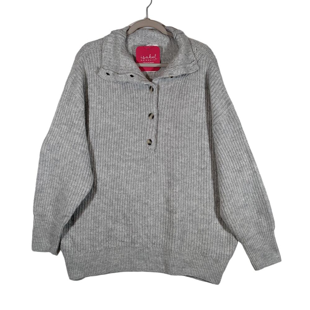Ingrid Isabel Maternity Sweater Half Button Up Medium Gray Pullover Collared Rib
